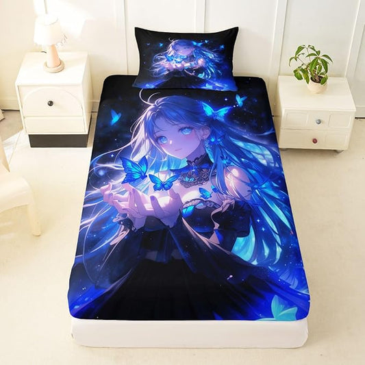 Erosebridal 3D Japanese Girl Fitted Sheet for Boys Girls Kids Blue Butterfly Decorations Twin Bed Sheets,Cartoon Sheets Anime Gifts for Her Bedding Sets, No Top Sheet