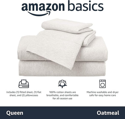 Amazon Basics 4-Piece Soft, Breathable 100% Cotton Jersey Knit Bed Sheet Set with Deep Pockets, Includes Flat and Fitted Sheets, Pillowcase, Queen, Oatmeal, Solid