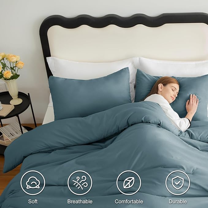 CozyLux King Size Comforter Set Mineral Blue, 3 Pieces Solid Comforters King Size Breathable Quilted Bedding Sets, Luxury Soft Lightweight Bed Set with Down Alternative Comforter and 2 Pillowcases