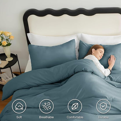 CozyLux King Size Comforter Set Mineral Blue, 3 Pieces Solid Comforters King Size Breathable Quilted Bedding Sets, Luxury Soft Lightweight Bed Set with Down Alternative Comforter and 2 Pillowcases