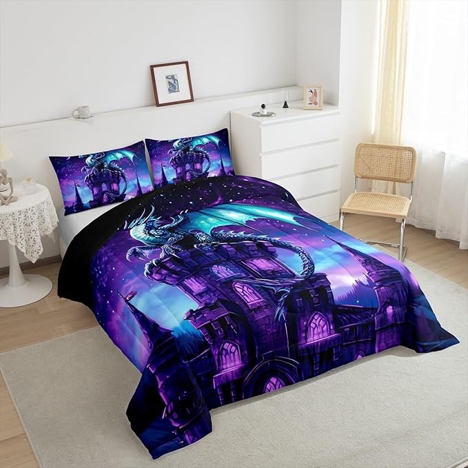 Mysterious Magical Theme Bed Comforter Set Queen Size,Western Castle Super Soft Microfiber Bedding Set for Adults Teens,Dragon Wildlife Comforter Set,2 Pillowcases