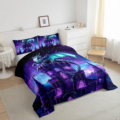 Dragon Wildlife Comforter Set Toddler Size,Western Castle Bedding Set for Kids Teens,Mysterious Magical Theme Down Comforter,2 Pcs 1 Pillowcase