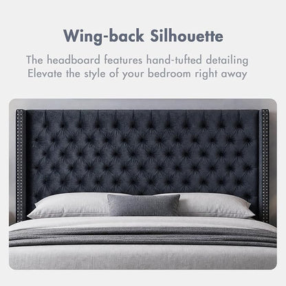Madison Park King Wingback Upholstered Tufted Headboard, Featuring High-Density Sponge Padding, Adjustable Height Headboard, Easy Assembly, Black Velvet