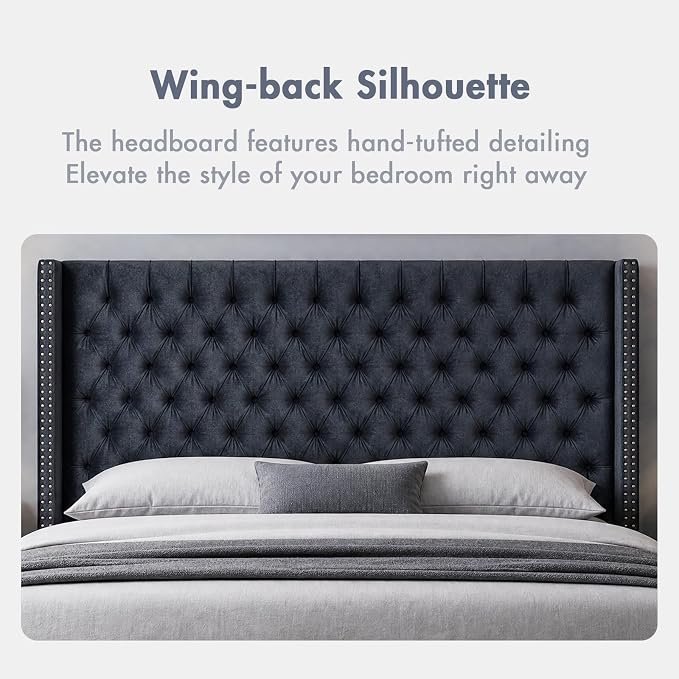Madison Park Queen Wingback Upholstered Tufted Headboard, Featuring High-Density Sponge Padding, Adjustable Height Headboard, Easy Assembly, Black Velvet