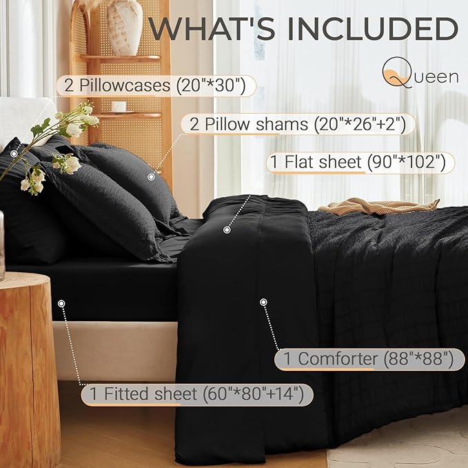 MUXHOMO 7 Pieces Queen Comforter Set, Seersucker Bed in a Bag Queen Size, All Season Luxury Bedding Set with Comforter, Flat Sheet, Fitted Sheet, Pillowcases & Shams, Black