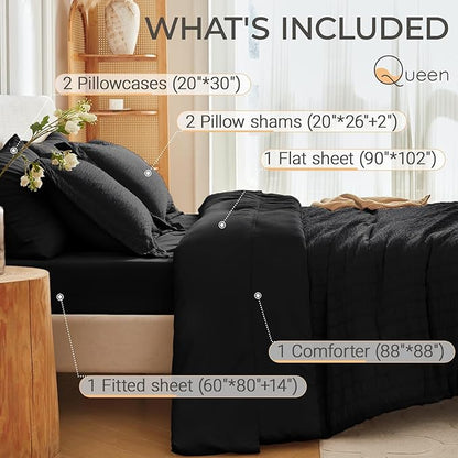 MUXHOMO 7 Pieces Queen Comforter Set, Seersucker Bed in a Bag Queen Size, All Season Luxury Bedding Set with Comforter, Flat Sheet, Fitted Sheet, Pillowcases & Shams, Black