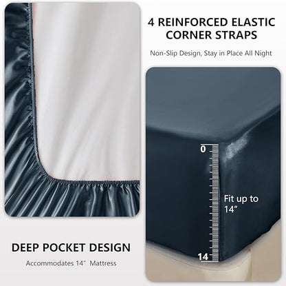 CozyLux Satin Sheets Queen Size Bed Set - 4 Piece Silky Queen Sheet Set, Luxury Steel Blue Queen Sheets with Smooth and Soft Microfiber, Includes 1 Fitted Sheet, 1 Flat Sheet and 2 Pillowcases