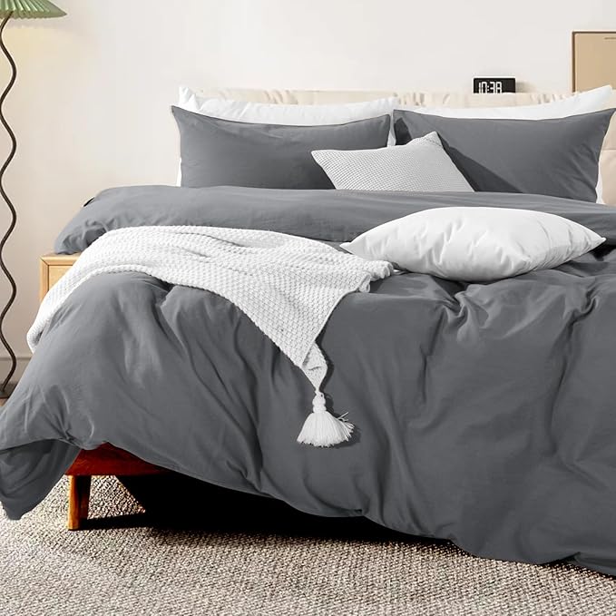 NEXHOME PRO Cotton Duvet Cover Queen Size Linen Look Textured Organic Natural 100% Washed Cotton Duvet Cover 3 Pieces Bedding Set with Zipper Closure, Breathable, Soft, Grey (No Comforter)