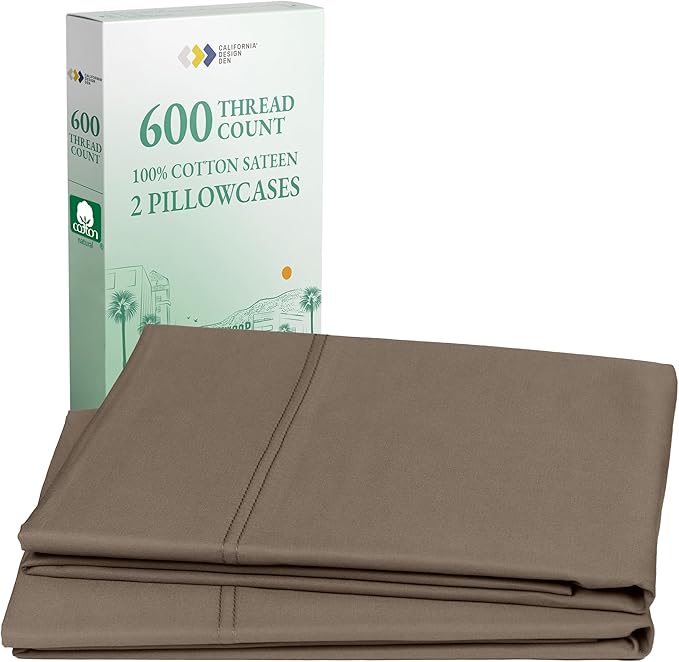 California Design Den Luxuriously Soft Premium 600 Thread Count, 100% Cotton Queen Pillowcases Set of 2, Crisp Standard Pillow Covers Fits Standard & Queen Pillows (Mushroom - Taupe Brown)