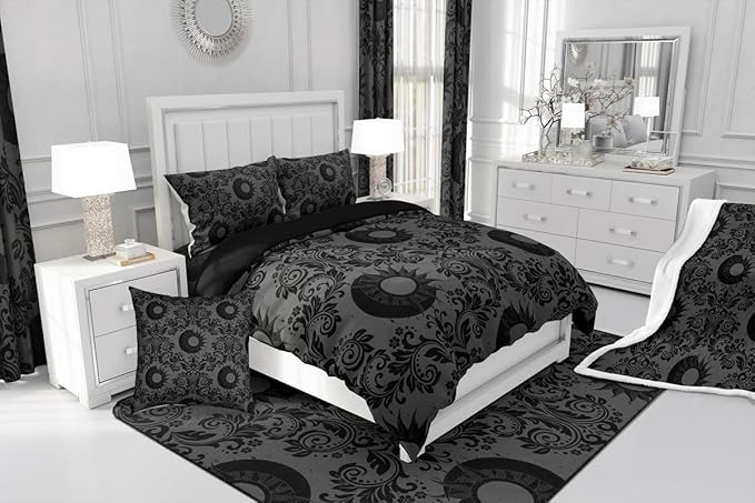 Feelyou Adults Gothic Comforter Set King Size Dark Olive Green Damask Bedding Set for Kids Boys Girls Sun and Moon Duvet Quilt Bedroom Decor Microfiber 3 Pcs with 2 Pillow Cases