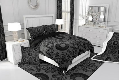 Feelyou Adults Gothic Comforter Set Queen Size Dark Olive Green Damask Bedding Set for Kids Boys Girls Sun and Moon Duvet Quilt Bedroom Decor Microfiber 3 Pcs with 2 Pillow Cases