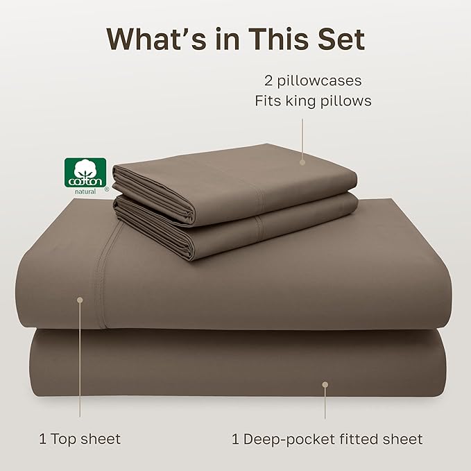 California Design Den 600 Thread Count Sheets King, 100% Cotton Sheet, Sateen, King Size Bed Sheets, Soft Bedding with Deep Pockets (Mushroom - Taupe Brown)