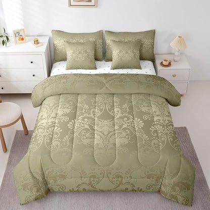 Erosebridal Gothic Damask Bed in a Bag King Size Comforter Set 7 Pieces,Exotic Moth Bedding Sets Olive Grey Victorian Floral Goth Sheet Set with Comforter