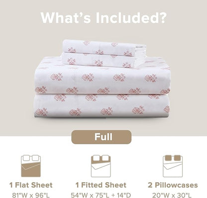 Comfort Spaces 100% Cotton Sheets Full, Breathable, Naturally Cool Cotton Sheets, Soft Cotton Bed Sheets with 14" Elastic Pocket Fits up to 16" Mattress, All Seasons Sheet Set, Floral Pink 4 Piece