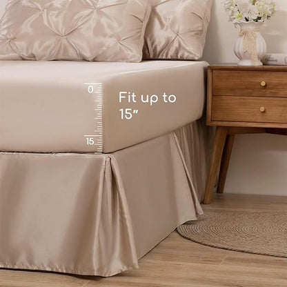 MR&HM Satin Comforter Set Oversized Queen, 7 Piece Bed in a Bag, Silky Soft All Season Bed Set, Luxury Pinch Pleat Bedding Set with Comforter, Sheets, Pillowcases & Shams, Champagne