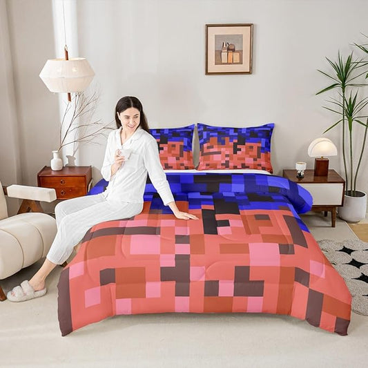 Pixelated Blocks Miners Comforter Set King Size,Video Games Game Gamepad Kids Bedding Set,Geometric Grid Patchwork Quilt Comforter,Blue Red Duvet Insert,2 Pillowcases