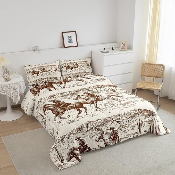 Erosebridal Western Comforter Set Queen Size Cowboy Bedding Set American Wild West Desert Hand Drawn Illustration Down Comforter Country Theme Bedroom Decor Duvet Set for Boys Men Teens