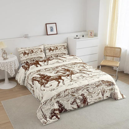 Erosebridal Western Comforter Set Queen Size Cowboy Bedding Set American Wild West Desert Hand Drawn Illustration Down Comforter Country Theme Bedroom Decor Duvet Set for Boys Men Teens