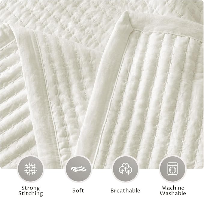 KASENTEX Twin Quilt Set 68"x86" – Soft Washed 3-Layer Lightweight Bedspread, Minimalist Nordic Design, All-Season Spring & Summer Quilt Set (1 Quilt + 2 Pillow Shams),Cream White