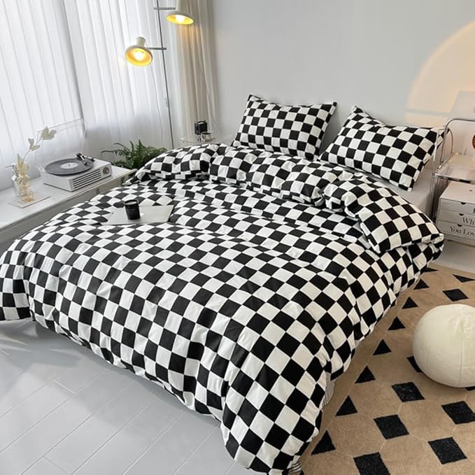 CLOTHKNOW Black White Plaid Comforter Full Size Set Grid Bedding Comforter Sets Soft Checkered Comforter with 2 x Pillow Cases