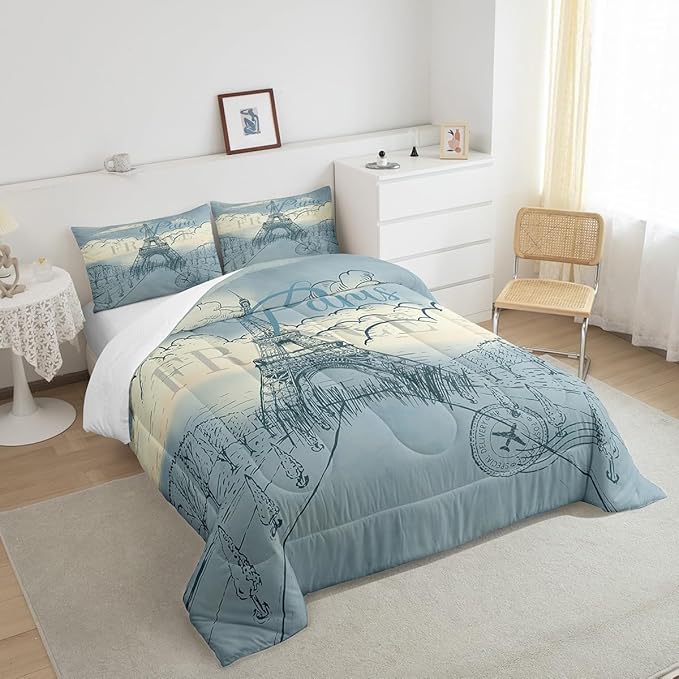 Castle Fairy Eiffel Tower Comforter King Size,Retro Paris Style Comforter Set Bedding Set for Kids Adults,Vintage Cityscape Boys Girls Landmark Duvet Set Ultra Soft Room Decor 3Pcs Quilt Set