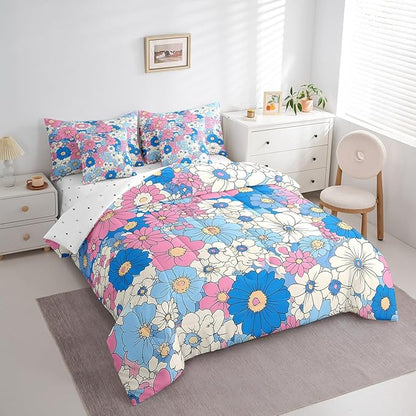 Groovy Flowers Comforter Set Bed in a Bag 7 Pieces King,Red Hippie Flowers 70s 80s Floral Bedding Set,Blue Pink Daisy Botanical (Comforter+Fitted+Flat Sheet+2 Pillowcases+2 Throw Pillow Covers)