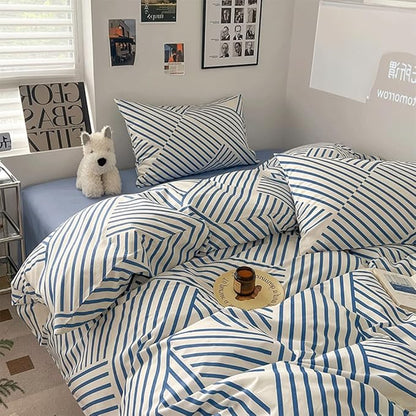 VM VOUGEMARKET Blue Striped Bedding Set King,Instagram Style Geometric Duvet Cover with Zipper Ties 100% Cotton Modern Fashion Bedding Set for Men Women-104x90 Inch