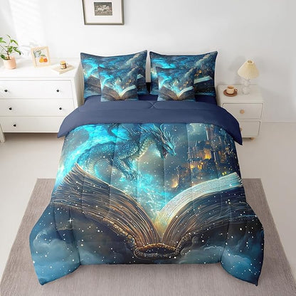 Flying Dragon Bed in a Bag Comforter Set,Magical Book Pattern Queen Size 7 Pieces for Kids Teens,Vintage Mid-Century Castle Bedding Set with Comforter, Sheet Set, Pillowcases, Pillow Covers