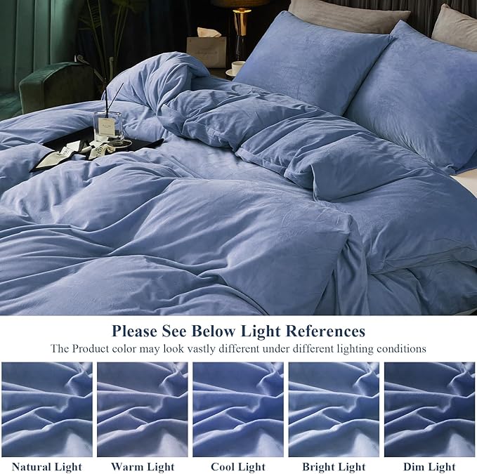 Ivellow Velvet Duvet Cover Queen Set Blue Comforter Cover 3Pcs Ultra Soft Cover Breathable Solid Luxury Flannel Velour Duvet Cover Zipper Closure Corner Tie