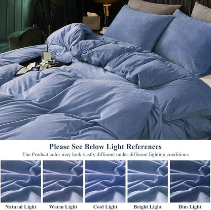 Ivellow Velvet Duvet Cover Queen Set Blue Comforter Cover 3Pcs Ultra Soft Cover Breathable Solid Luxury Flannel Velour Duvet Cover Zipper Closure Corner Tie