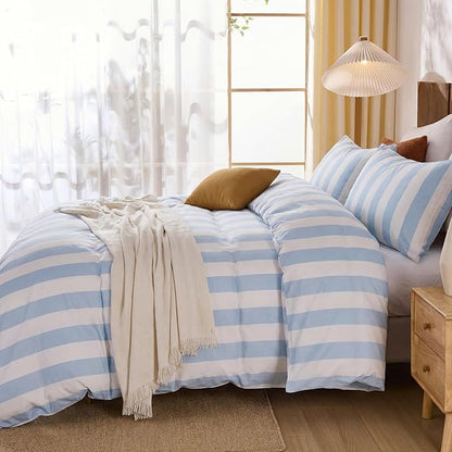 Merryword Blue and White Striped Duvet Cover Set Queen Size, 100% Cotton Bedding Set with Zipper Closure & 8 Corner Ties, Luxury Linen Like Bedding, Soft Breathable Comforter Cover for All Seasons