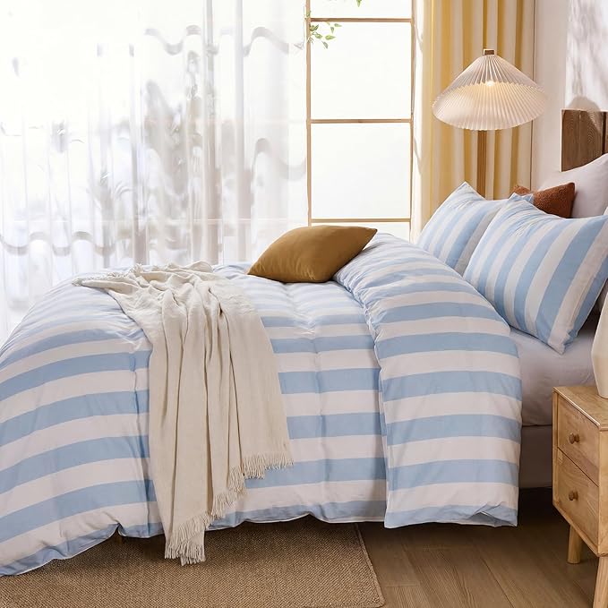 Merryword Blue and White Striped Duvet Cover Set King Size, 100% Cotton Bedding Set with Zipper Closure & 8 Corner Ties, Luxury Linen Like Bedding, Soft Breathable Comforter Cover for All Seasons