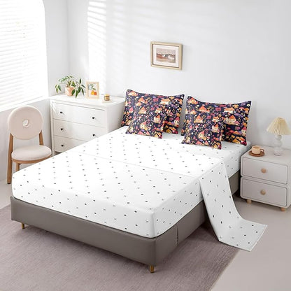 Castle Fairy Groovy Flowers 7 Pieces Bedding Set Twin Bed in a Bag,Watercolor Dreamy Flowers House Comforter Set for Bedroom Decor,Cartoon Jungle Mushroom Plants Soft Warm Microfiber Bedding