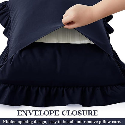 KKJIAF Ruffle Pillow Cases Queen Size Set of 2, Ruffled Pillow Covers with Envelope Closure, Wrinkle Resistant Ruffled Pillow Shams 20" x 30", Navy Blue