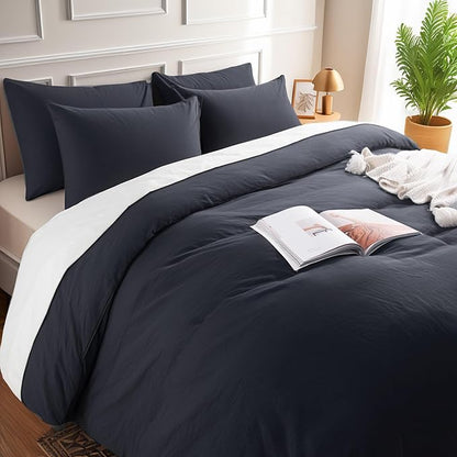 NEXHOME PRO Full Duvet Cover Set, 100% Certified Organic Cotton with Washed Feel & Linen-Like Texture, Comfortable & Breathable, Home Bedding Set Dark Grey (No Comforter) 8090