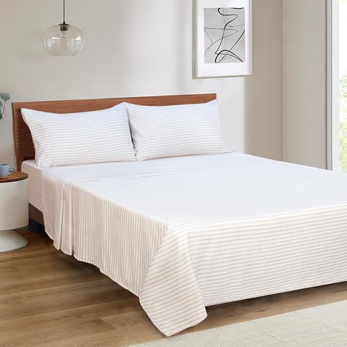 Mejoroom Striped Full Size Sheets - 1800TC Luxury Full Sheets with 16 Inch Deep Pocket - Premium Bedding Collection - Extra Soft, Breathable, Wrinkle, Fade & Stain Resistant - 4 Piece (Beige Stripe)
