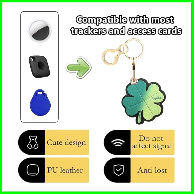 Leather Keychain Holder Case Compatible with AirTag,Cute Protective Cover with Keyring,Anti-Scratch Finder GPS Tracker Case for Wallet Keys,Bag,Pets,Backpack(Four-Leaf Clover)