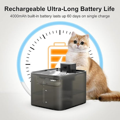 NPET Wireless Cat Water Fountain, 4L/135oz Pet Fountain with Smart Sensor, 4000mAh Rechargeable Battery Operated & Quiet Pump, Automatic Cordless Water Dispenser with 4Pcs Filters