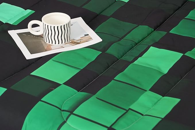 Pixelated Miners GameComforter Set King Size,Geometric Check Video Games Kids Bedding Set,Gamepad Camo Grid Quilt Comforter,Black Green Duvet Insert,2 Pillowcases