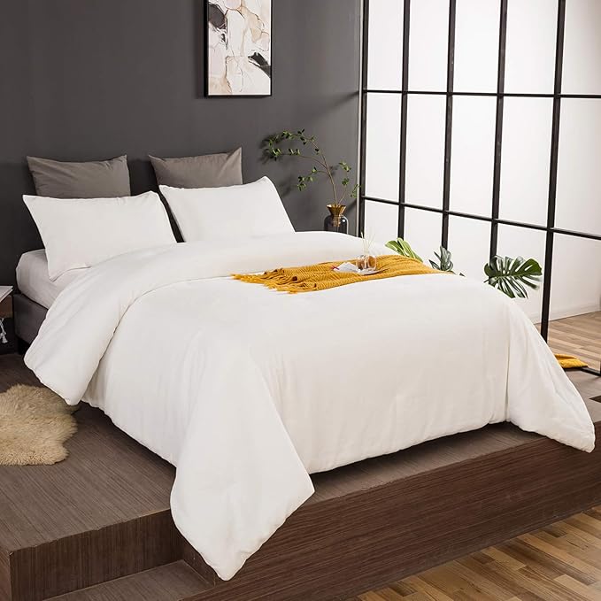Luxlovery White Fluffy Comforter Queen All White Velvet Bedding Comforter Set Flannel Solid White Cozy Puffy Plush Blanket Quilts Sherpa Micromink Winter Thick Warm Comforter Set Women Men