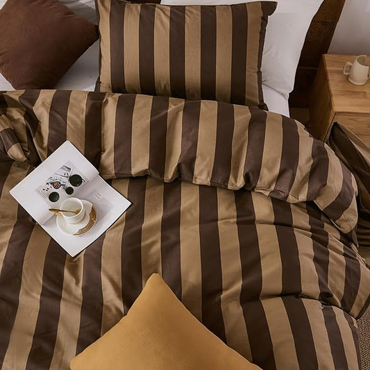 Merryword Brown Striped Duvet Cover Set King Size, 100% Natural Cotton Linen Like Duvet Cover Set with Zipper Closure & 8 Corner Ties, Brown Khaki Soft Reversible Bedding for All Seasons