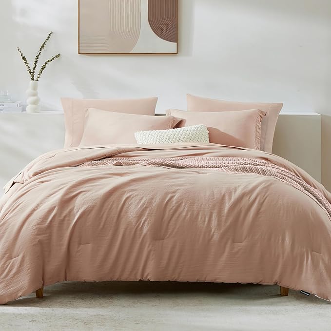 WRENSONGE King Comforter Set, 7 Pieces Clay Pink Soft Bed in a Bag King with Fitted Sheet, Flat Sheet, 2 Pillow Shams, and 2 Pillowcases- Warm Bedding Set for All Season