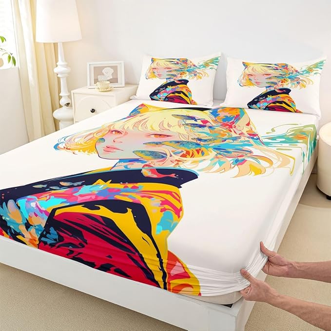 3D Anime Bed Sheets Japanese Girl Style Bed Set Full for Cartoon Fans Fitted Sheet, Kawaii Anime Design Pattern Sheets with 2 Pillow Cases, Anime Gifts for Girls Anime Lover