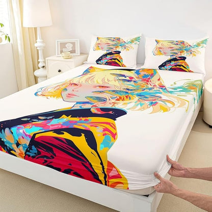 3D Anime Bed Sheets Japanese Girl Style Bed Set Full for Cartoon Fans Fitted Sheet, Kawaii Anime Design Pattern Sheets with 2 Pillow Cases, Anime Gifts for Girls Anime Lover