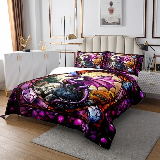 Western Dragon Kids Bedspread Queen Size,Purple Dragon Pine Trees Natural Coverlet Set,Boys Girls Room Decor,Glass Painting Geometric Quilted Coverlet,Unique Fashion Bedding Quilt,2 Pillowcases