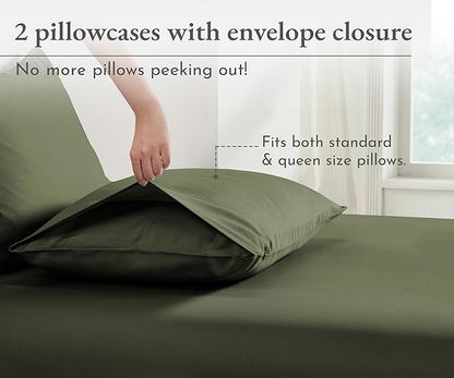 California Design Den 100% Organic Cotton Pillow Cases Queen/Standard Set of 2 - Soft & Crisp Percale, Fits Standard & Queen Pillows - Olive Green Pillowcases