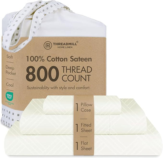 Threadmill Twin Bed-Sheets - 800 Thread Count Jacquard Celine Ivory 100% Natural Cotton 3 Piece Striped Bed Set, Extra Long Staple Cotton, Comfy Damask Sheets with Elasticized Deep Pocket
