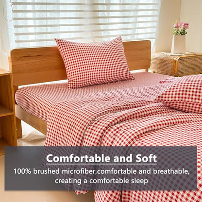NSNLGSGC Queen Comforter Set, Red Gingham Bedding Comforter Sets, Red Grid Bed Comforter 3 Pieces (1 Comforter, 2 Pillowcases)