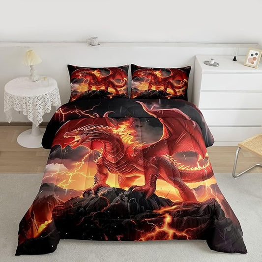 Castle Fairy Dragon Comforter Set King Size,Red Flame Dragons Down Alternative Adults Bedroom Decor,Wild Animals Cool Magical Style Ultra Soft Microfiber Inner Fill 3Pcs Bedding