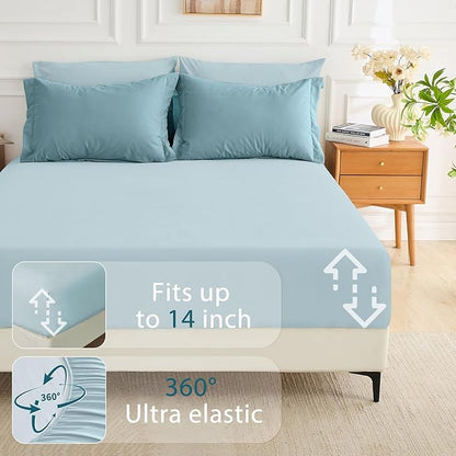 MUXHOMO 7 Pieces Queen Comforter Set, Soft Bed in a Bag Queen Size, All Season Bedding Set with Comforter, Flat Sheet, Fitted Sheet, Pillowcases & Shams, Mineral Blue & Light Blue